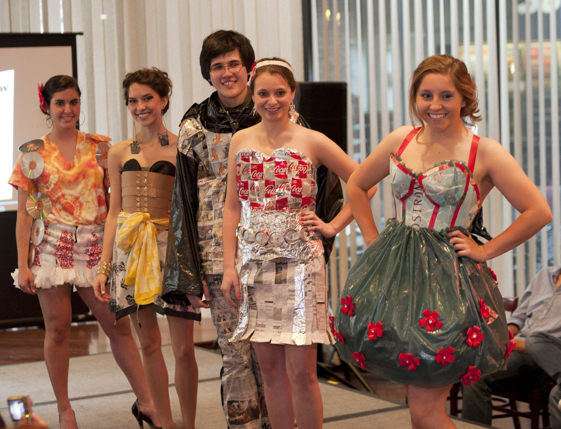 SMU students showing how eco-fashion can be worn well are, from left, Keya Davani, Elizabeth Patterson, Matthew Bolaños, Diana Mansour and Blaire Bogard.